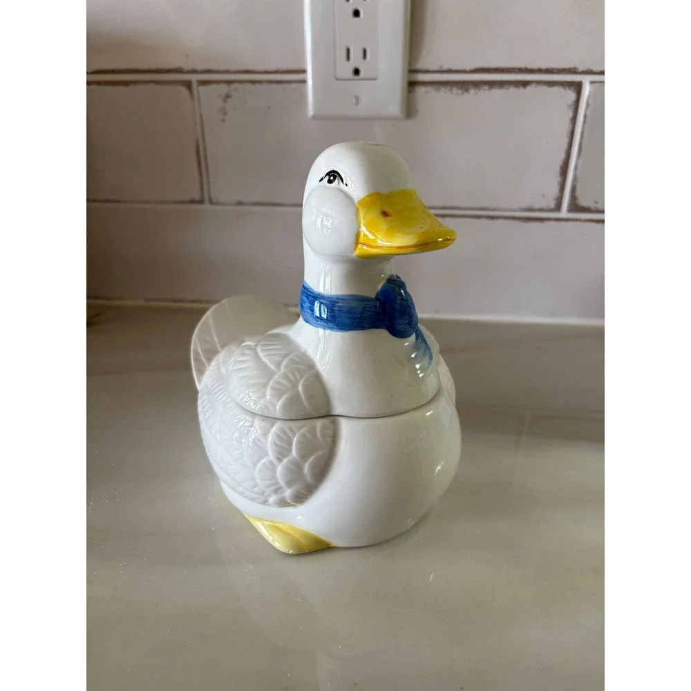 Vintage Ceramic Duck Jar White Goose Blue Bow Farmhouse Cottagecore Decor